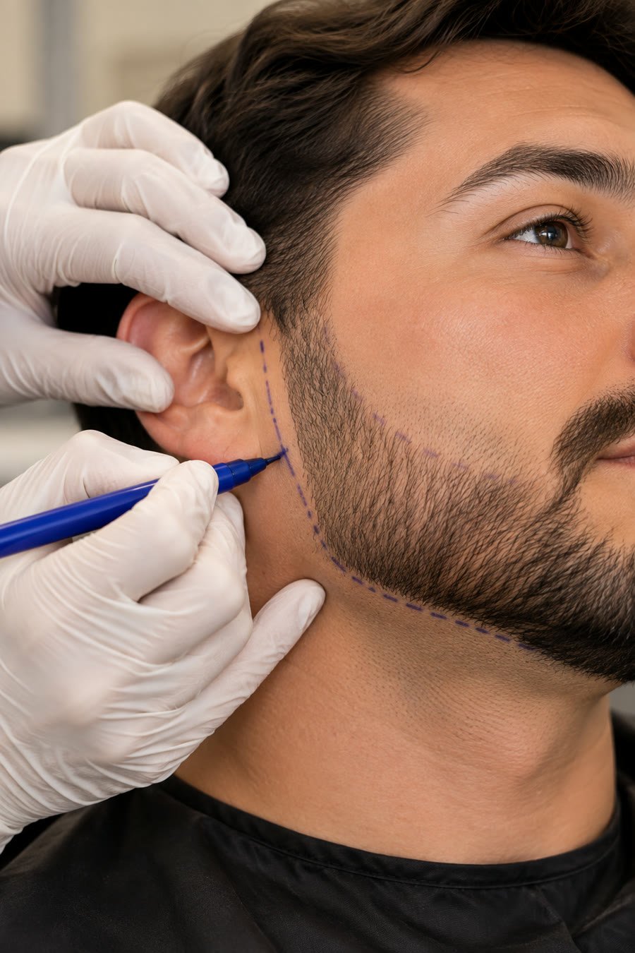 Planejamento do desenho da barba antes do transplante